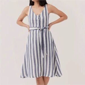 Pact Blue and White Striped Sleeveless Tie-Waist Midi Dress